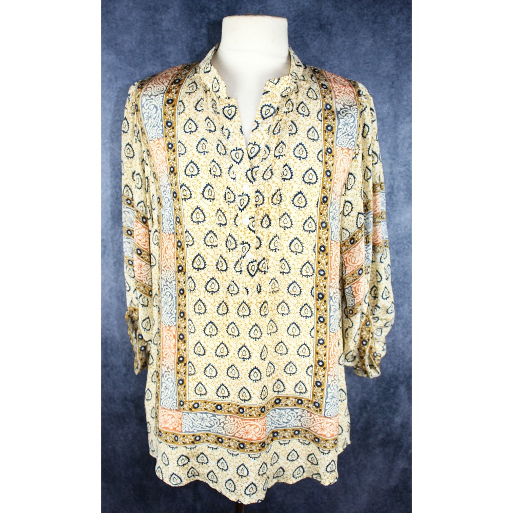 Tolani Yellow Silk Paisley Tunic Bell Sleeves L